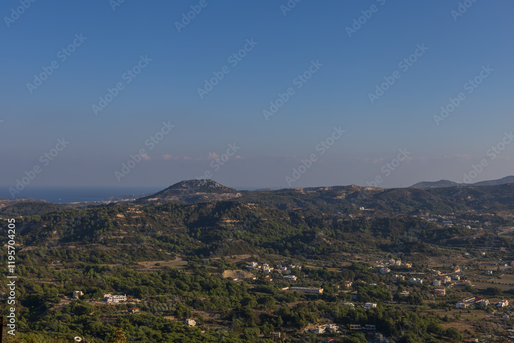 Fototapeta premium Filerimos Cross pilgrimage site and garden with landscape view. Rhohos Island in Greece