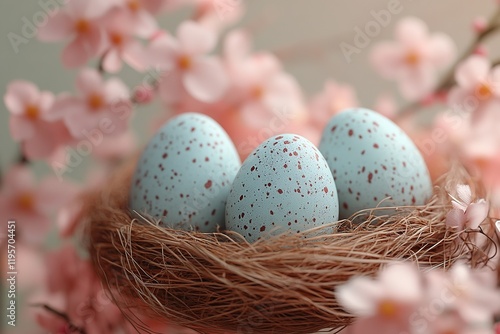 Colorful painted easter eggs with spring flowers
