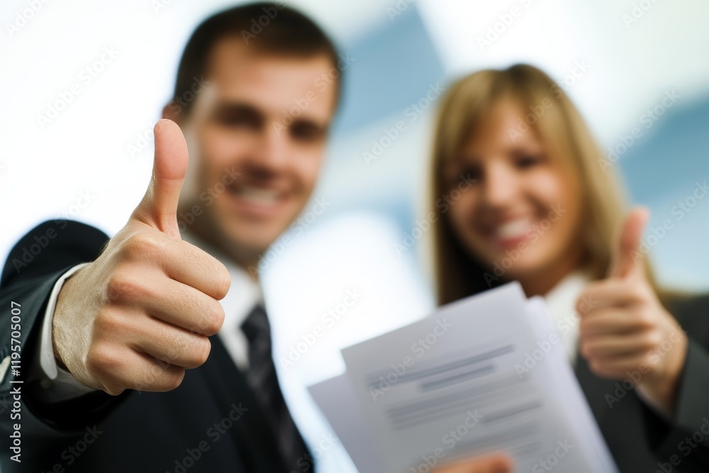 Confident caucasian adults giving thumbs up in business attire Confident caucasian adults giving thumbs up in business attire
