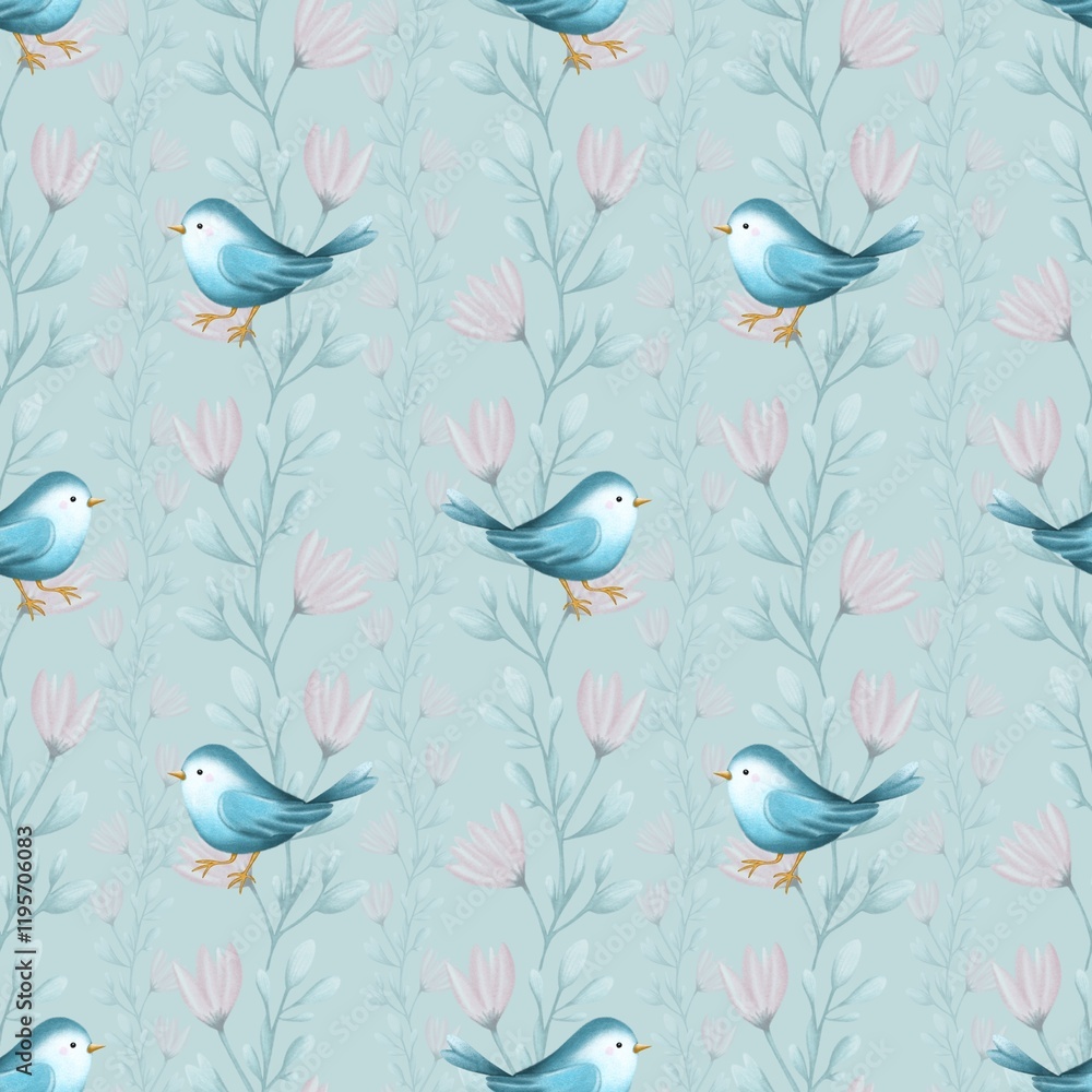 Fototapeta premium seamless pattern with bright spring flowers and birds on a blue background