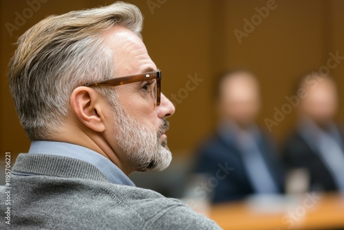 Man with glasses is sitting in a room with other people photo