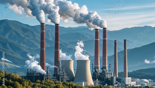 Industrial Power Plant with Smoke Stacks Against the Horizon, Symbolizing Energy Production and Environmental Concerns