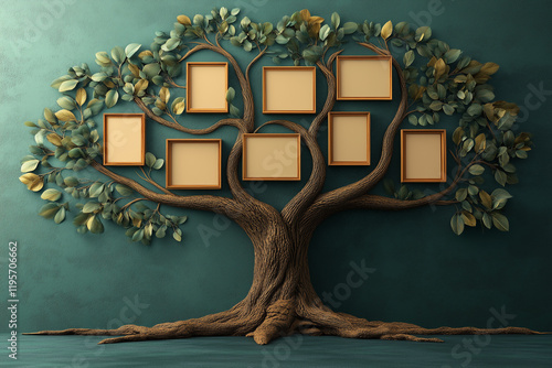 A wide strong family tree template with empty cells for user input text. Green background, simple blank cells