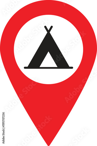 Camp location pin icon . Camping area map pin icon . Tent location pin icon . Vector illustration