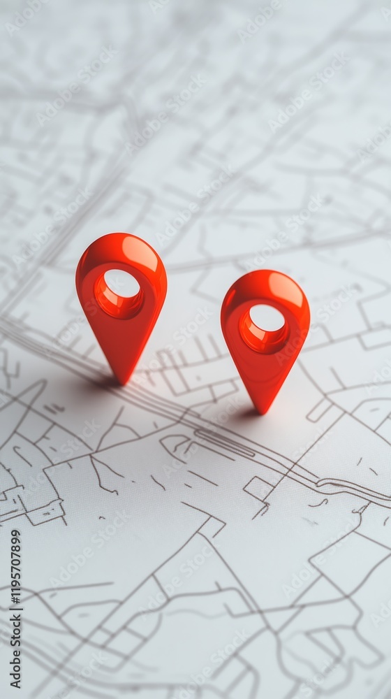Fototapeta premium Two red location pins are positioned on a detailed map, indicating specific points of interest for planning a route or marking destinations