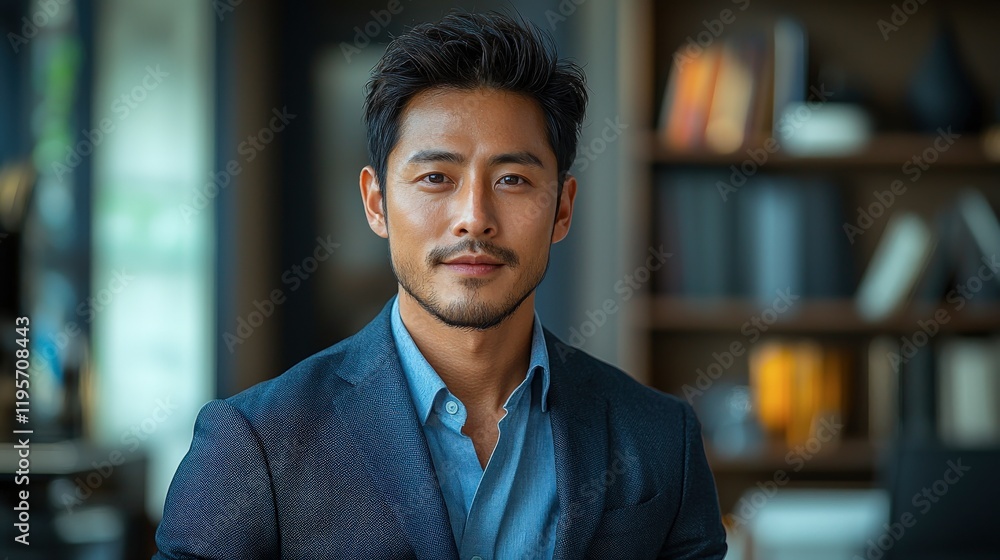 Confident Young Asian Man in Professional Attire, Calm Expression, Bookshelf Background Confident Young Asian Man in Professional Attire, Calm Expression, Bookshelf Background