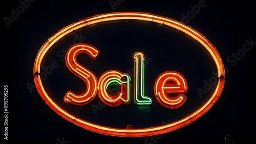 Glowing red sale sign on black background . High quality 4k footage photo