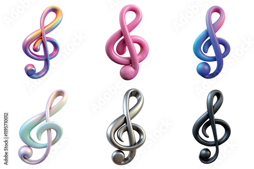 Collection of colorful treble clef 3d icons isolated. Music concept