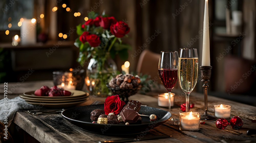 Romantic Valentine's Day table setting with candles, red roses, champagne, and chocolates in a cozy atmosphere Romantic Valentine's Day table setting with candles, red roses, champagne, and chocolates in a cozy atmosphere