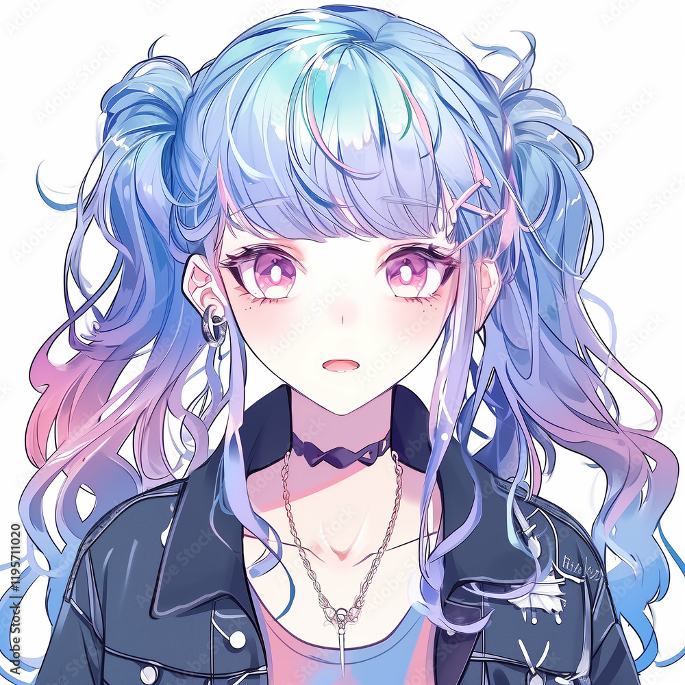 Cute Anime Girl Illustration with Pastel Blue and Pink Hair Cute Anime Girl Illustration with Pastel Blue and Pink Hair