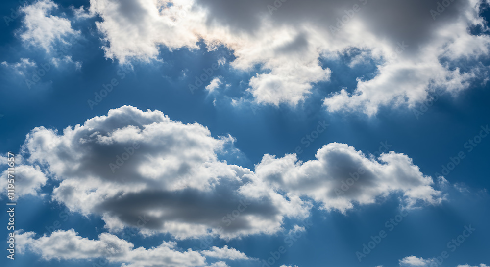 Fototapeta premium Dramatic Sun Rays Burst Through Cumulus Clouds in a Vivid Blue Sky
