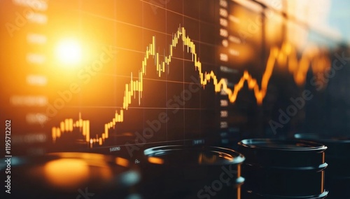 Barrels of oil are arranged in a factory, with warm golden light casting a glow and a financial graph projected showing rising trends in oil prices