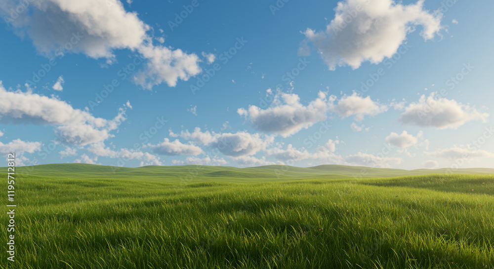 Serene Green Grassland Under a Blue Sky with Fluffy Clouds Serene Green Grassland Under a Blue Sky with Fluffy Clouds