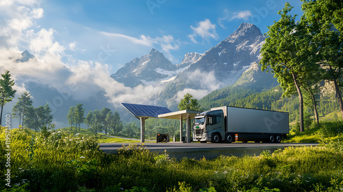 An electric truck charging at a solar-powered station