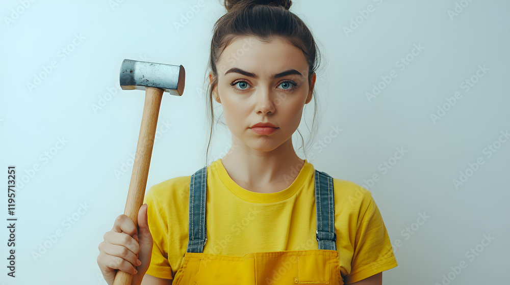 Female carpenter in overalls, plain white background, holding a hammer with precision, clear facial features Female carpenter in overalls, plain white background, holding a hammer with precision, clear facial features