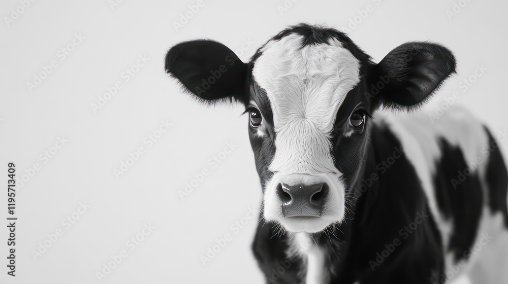 close-up image of an adorable black-and-white Holstein calf standing against a clean white background. The young cow's expressive eyes and soft fur exude innocence and charm, perfect for agriculture t close-up image of an adorable black-and-white Holstein calf standing against a clean white background. The young cow's expressive eyes and soft fur exude innocence and charm, perfect for agriculture t