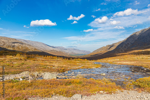 Obraz na płótnie View to Petrelius river valley at Khibiny mountains. Early autumn in arctic tundra region. Kola peninsula, Murmansk region, Russia. w salonie