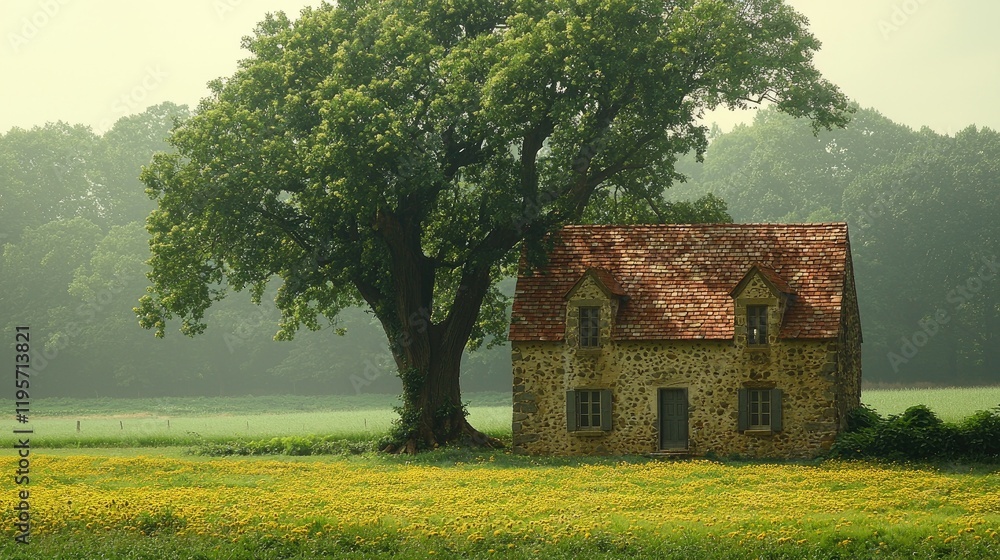 Serene Morning View: Foggy Fields and a Rustic Rural Homestead at Sunrise Serene Morning View: Foggy Fields and a Rustic Rural Homestead at Sunrise