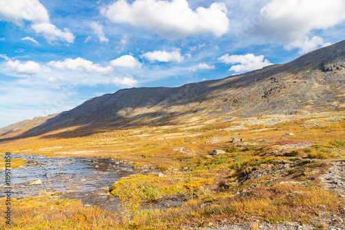 Obraz na płótnie View to Petrelius river valley at Khibiny mountains. Early autumn in arctic tundra region. Kola peninsula, Murmansk region, Russia. w salonie