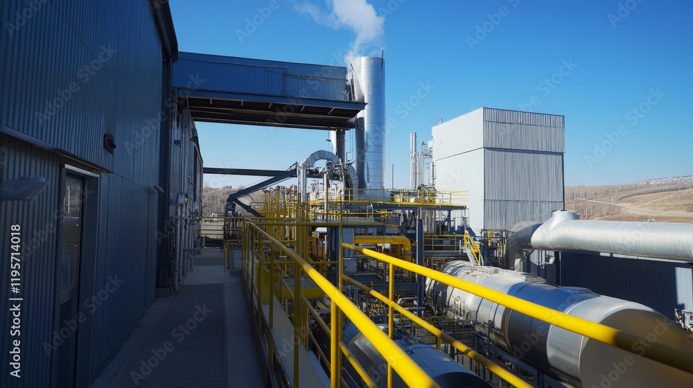 Industrial facility with metal pipes and smoke on a clear day Industrial facility with metal pipes and smoke on a clear day