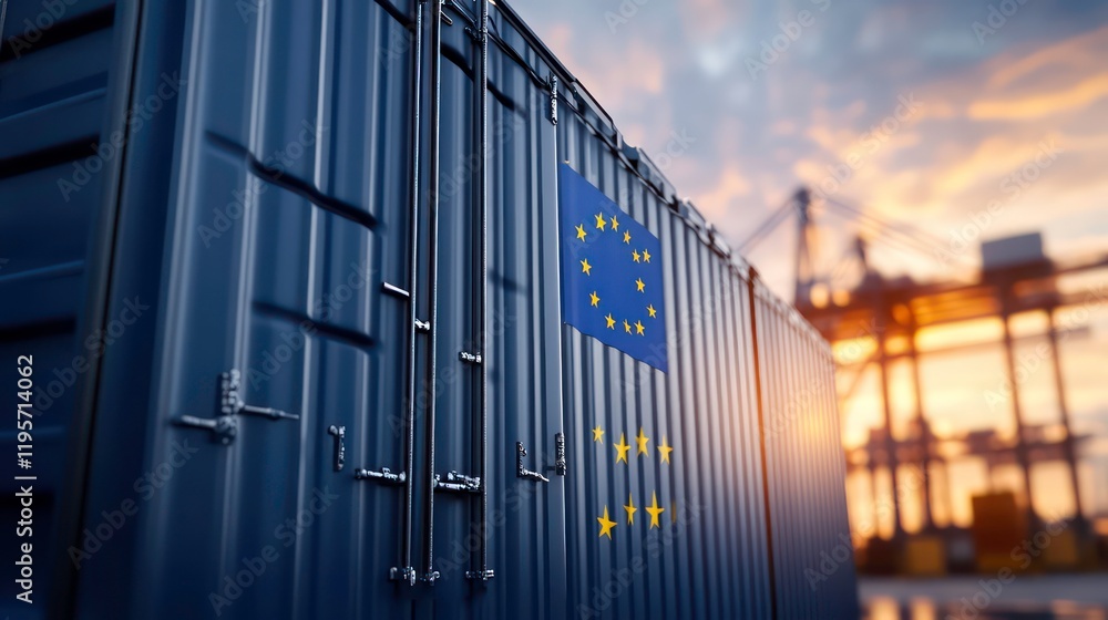 Naklejka premium Close-up of a large blue cargo shipping container with EU European Union flag in a port harbor at sunset or sunrise. Production, delivery, shipping and freight transportation concept.