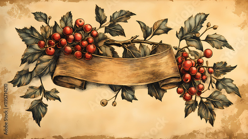 Old fashioned scroll bookplate with ribbon and berries. Firethorn. Illustration