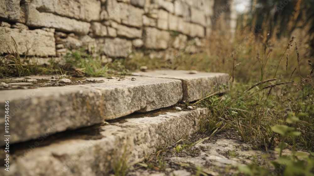 Old stone steps beside a weathered stone wall, with weeds and dampness. Old stone steps beside a weathered stone wall, with weeds and dampness.
