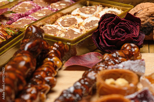 Sweet food Turkish delight on wooden background, assorted locum and candy for decorated backdrop photo