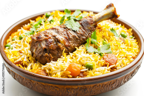 Traditional Goat Legs Kabuli Biryani Dish, Isolated on a White  Background for Use in Product Banners, Marketing Promotions, and Decorative Covers. photo