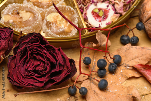 Sweet food Turkish delight on wooden background, assorted locum and candy for decorated backdrop photo