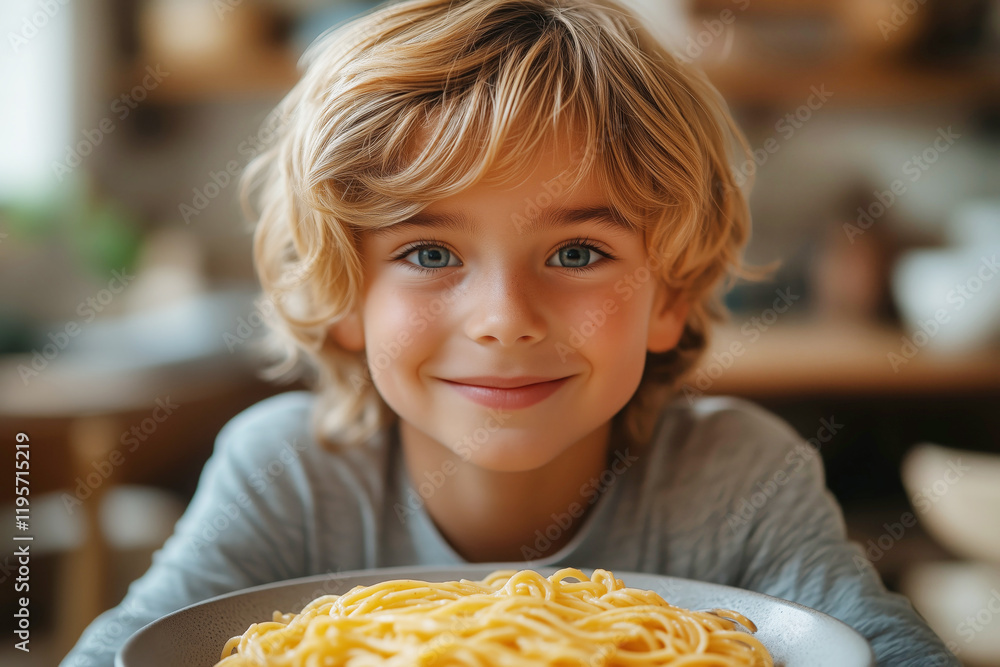 Adorable little boy eating noodles, happy and content at the table Adorable little boy eating noodles, happy and content at the table