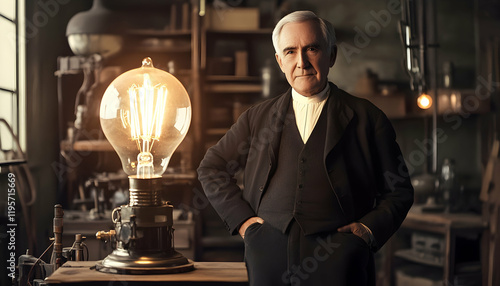 Thomas Edison, the famous inventor, in his workshop with a large light bulb glowing in the background