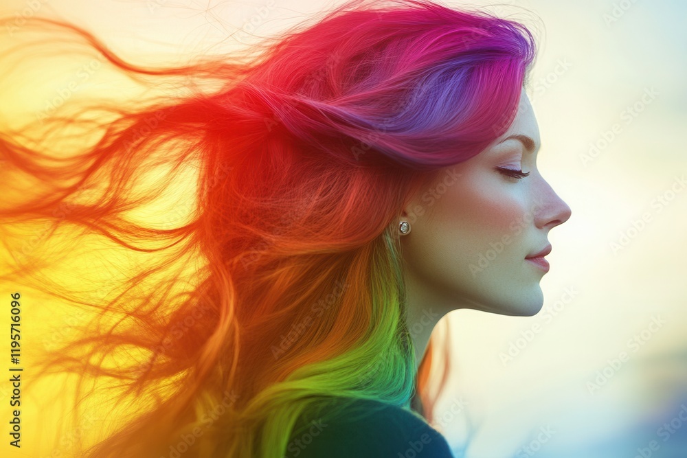 Model showing trendy rainbow hair color blowing in the wind