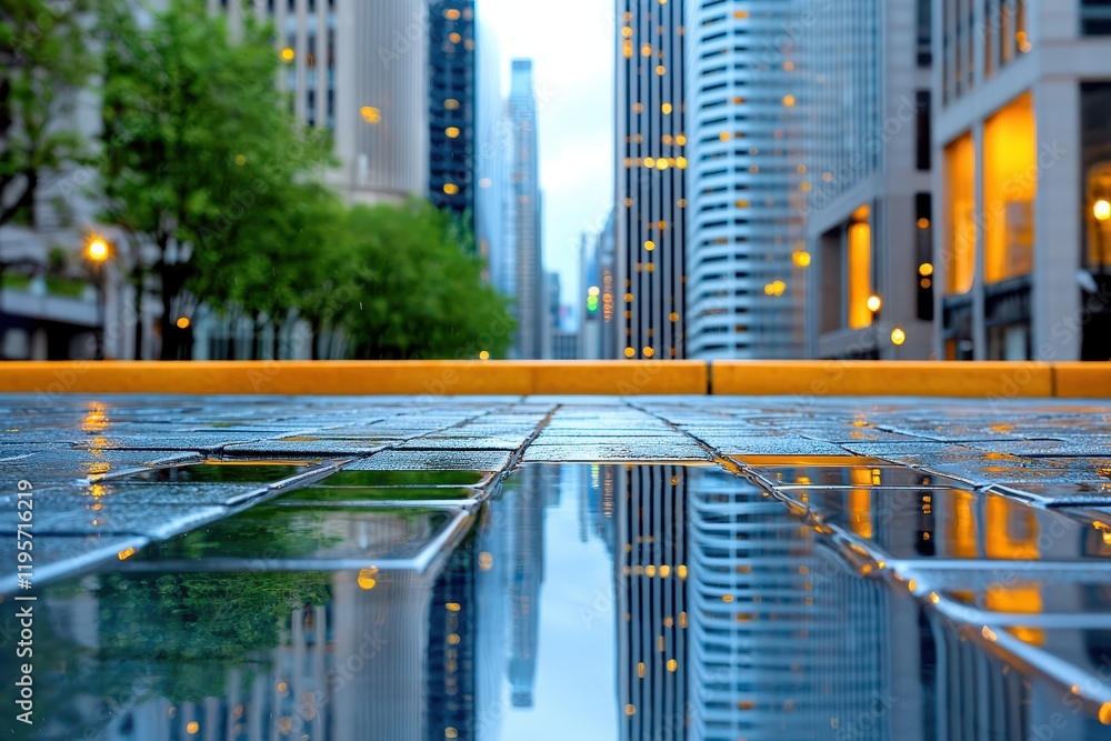 Fototapeta premium Rainy city reflections urban landscape photography architecture ground level serenity in motion
