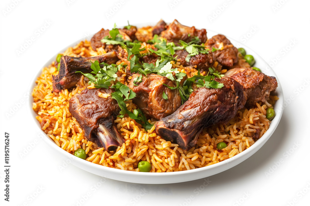 Fototapeta premium Traditional Goat Legs Kabuli Biryani Dish, Isolated on a White Background for Use in Product Banners, Marketing Promotions, and Decorative Covers.