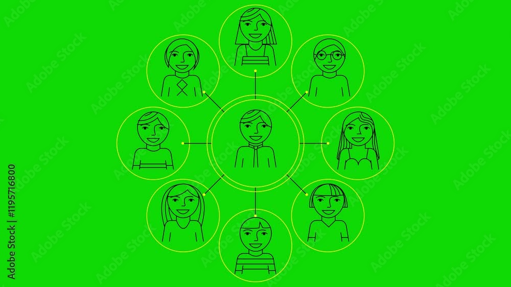 Animated yellow and black line symbol of management. Concept of teamwork, leader, workflow. Linear info-graphics of boss and employees. Symbol of team is drawn. green background. Animated yellow and black line symbol of management. Concept of teamwork, leader, workflow. Linear info-graphics of boss and employees. Symbol of team is drawn. green background.