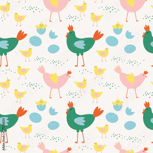 Repeating seamless pattern for Easter with Chickens, hens, rooster, eggs. Festive background with farmer motive for holiday, congratulation. Design rapport for textile, print, wrapping, card, paper