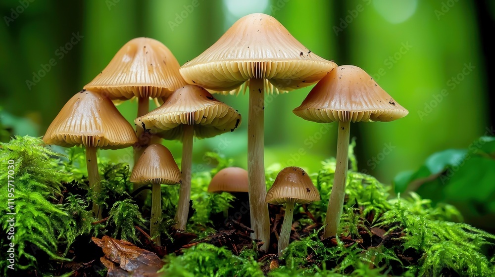 Mushrooms growing on moss in forest, nature background Mushrooms growing on moss in forest, nature background