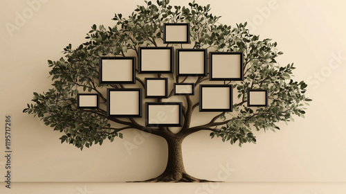 Spring tree with green leaves sprouting from buds, stickers and frames for photos or icons, family treemap, genealogy, family, connection of generations
