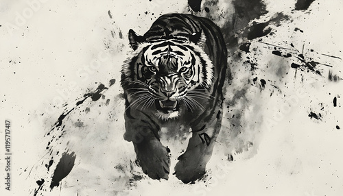 Tiger Chinese Zodiac in Ink Wash Style: A tiger painted in the traditional Chinese ink wash style, with bold brush strokes and a minimalist background