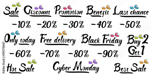 Promotional sale signs with various discount percentages and special offers displayed creatively