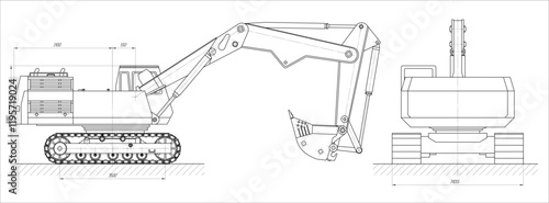 Vector earthmoving machine with bucket. 
Technical drawing of tractor.
Engineering mechanical design of excavator
with dimension lines. Industrial 
cad scheme on paper sheet. 
Technology background.