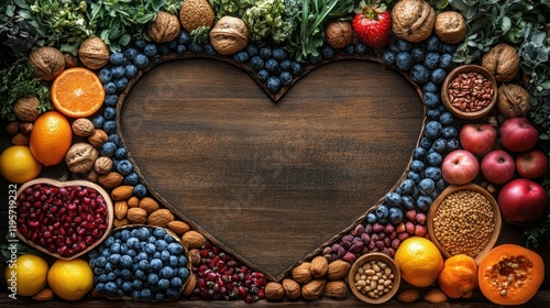Heart-shaped arrangement of fresh fruits, nuts, and grains on a wooden background, promoting healthy eating