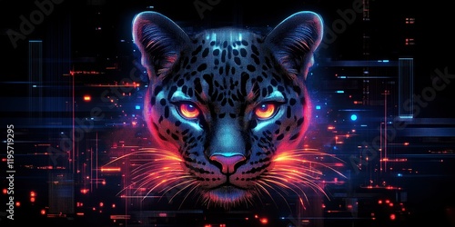 Vibrant digital representation of a jaguar's head illuminated by neon colors and futuristic patterns photo