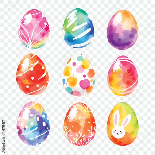 Set of watercolor vector colorful easter eggs isolated on transparent background. Easter and spring holidays