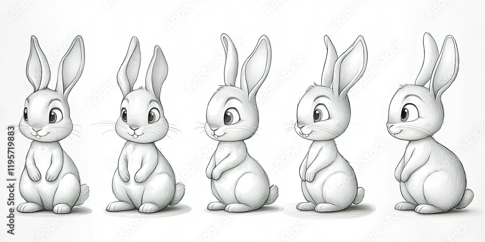 Obraz premium Cute cartoon rabbits in various poses showcasing their playful expressions and charm