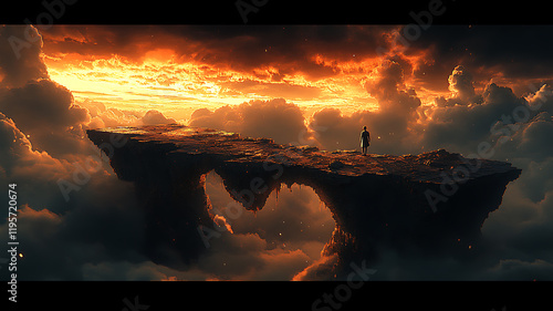 Dramatic depiction of a man standing on the edge of a broken bridge, facing a huge, unexpected chasm, broken bridge, storm clouds, dim orange smoky light, a terrifying setting for a fantasy backdrop photo