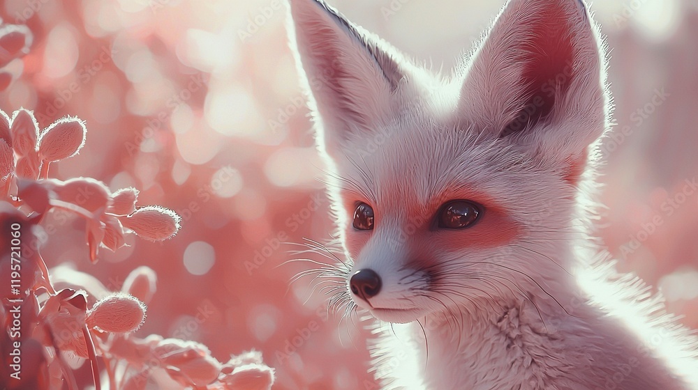 Fototapeta premium A close-up of a baby fox in a field of flowers, with the sun shining directly onto its face