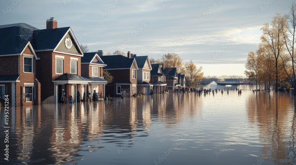 Fototapeta premium Houses partially submerged in floodwaters with people navigating the area amidst rising water levels. Generative AI