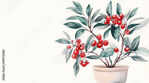 Botanical watercolor illustration of firethorn in pot. generative ai. Firethorn. Illustration photo